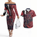 Personalised Melbourne Demons Couples Matching Off The Shoulder Long Sleeve Dress and Hawaiian Shirt Trippy Psychedelic Abstract Art Mascot Football Fans