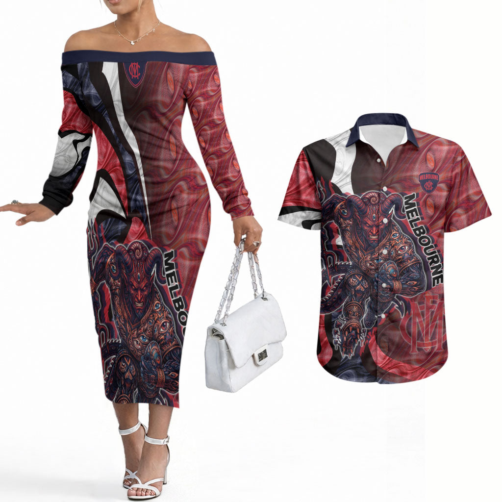 Personalised Melbourne Demons Couples Matching Off The Shoulder Long Sleeve Dress and Hawaiian Shirt Trippy Psychedelic Abstract Art Mascot Football Fans