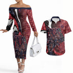 Personalised Melbourne Demons Couples Matching Off The Shoulder Long Sleeve Dress and Hawaiian Shirt Trippy Psychedelic Abstract Art Mascot Football Fans