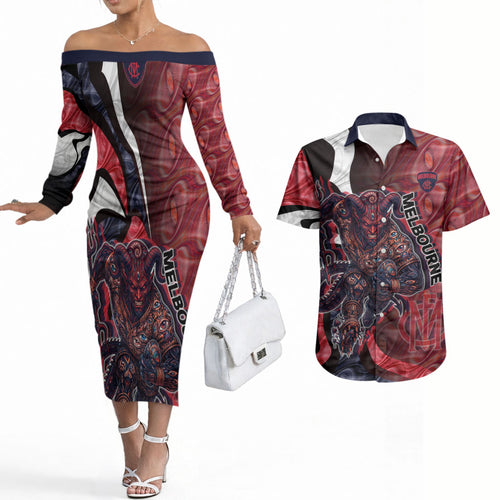 Personalised Melbourne Demons Couples Matching Off The Shoulder Long Sleeve Dress and Hawaiian Shirt Trippy Psychedelic Abstract Art Mascot Football Fans