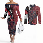Personalised Melbourne Demons Couples Matching Off The Shoulder Long Sleeve Dress and Long Sleeve Button Shirt Trippy Psychedelic Abstract Art Mascot Football Fans