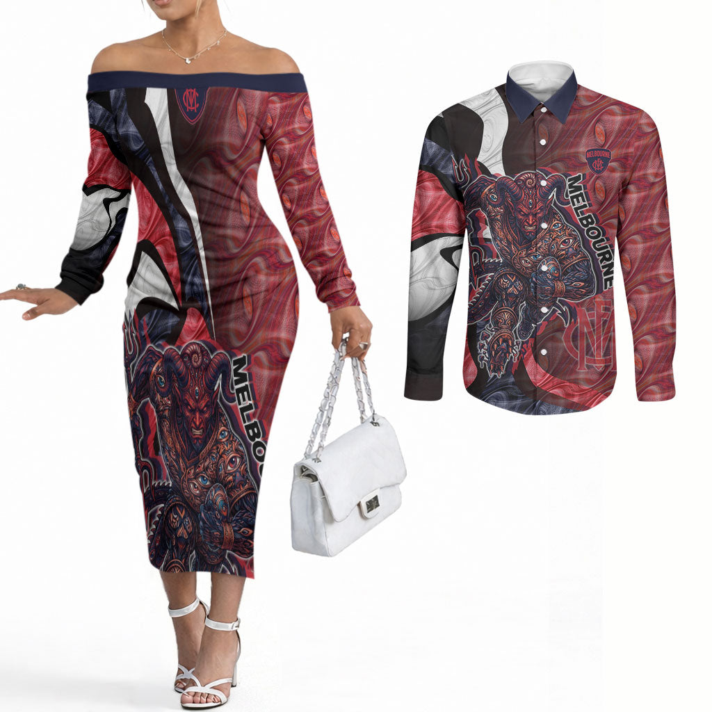 Personalised Melbourne Demons Couples Matching Off The Shoulder Long Sleeve Dress and Long Sleeve Button Shirt Trippy Psychedelic Abstract Art Mascot Football Fans