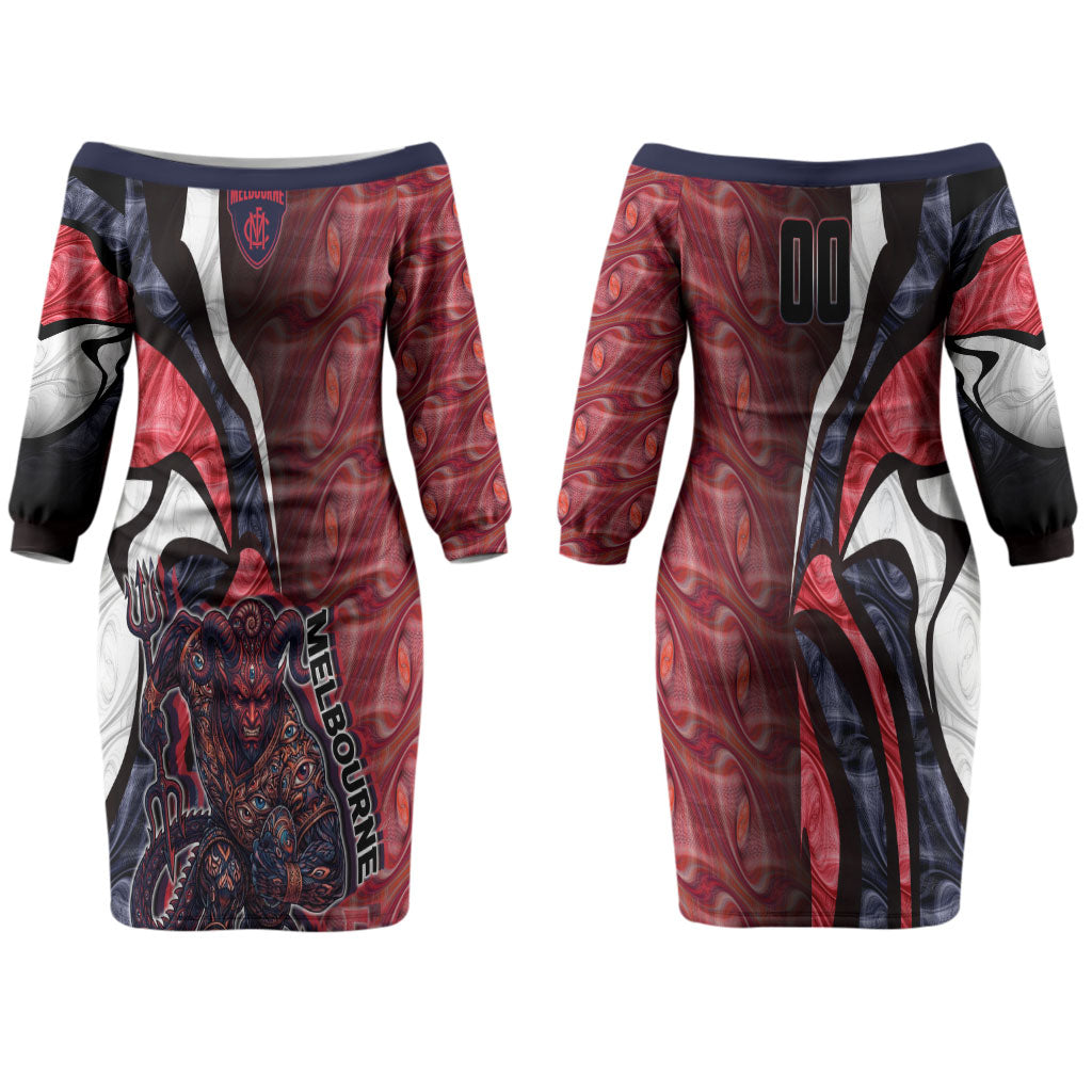 Personalised Melbourne Demons Couples Matching Off The Shoulder Long Sleeve Dress and Long Sleeve Button Shirt Trippy Psychedelic Abstract Art Mascot Football Fans