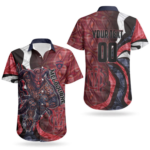 Personalised Melbourne Demons Couples Matching Puletasi and Hawaiian Shirt Trippy Psychedelic Abstract Art Mascot Football Fans