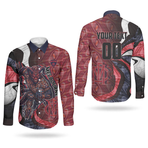 Personalised Melbourne Demons Couples Matching Puletasi and Long Sleeve Button Shirt Trippy Psychedelic Abstract Art Mascot Football Fans