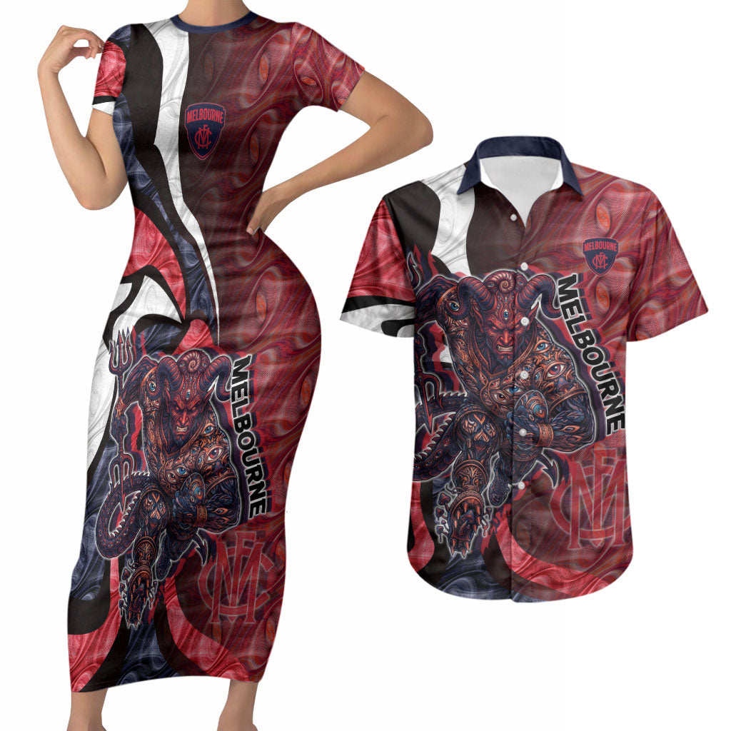 Personalised Melbourne Demons Couples Matching Short Sleeve Bodycon Dress and Hawaiian Shirt Trippy Psychedelic Abstract Art Mascot Football Fans