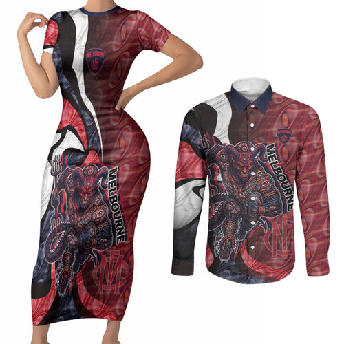 Personalised Melbourne Demons Couples Matching Short Sleeve Bodycon Dress and Long Sleeve Button Shirt Trippy Psychedelic Abstract Art Mascot Football Fans