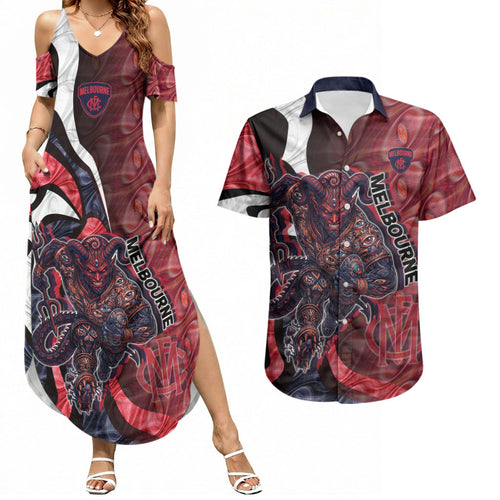 Personalised Melbourne Demons Couples Matching Summer Maxi Dress and Hawaiian Shirt Trippy Psychedelic Abstract Art Mascot Football Fans