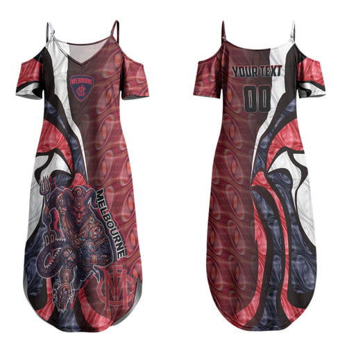 Personalised Melbourne Demons Couples Matching Summer Maxi Dress and Hawaiian Shirt Trippy Psychedelic Abstract Art Mascot Football Fans