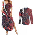 Personalised Melbourne Demons Couples Matching Summer Maxi Dress and Long Sleeve Button Shirt Trippy Psychedelic Abstract Art Mascot Football Fans