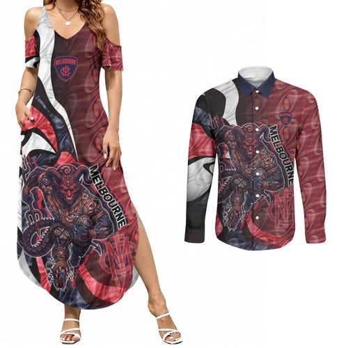 Personalised Melbourne Demons Couples Matching Summer Maxi Dress and Long Sleeve Button Shirt Trippy Psychedelic Abstract Art Mascot Football Fans