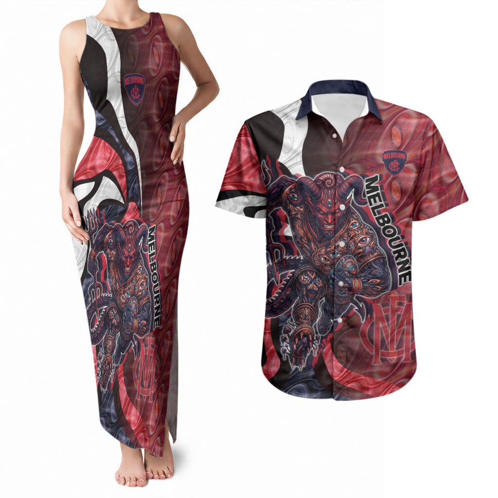 Personalised Melbourne Demons Couples Matching Tank Maxi Dress and Hawaiian Shirt Trippy Psychedelic Abstract Art Mascot Football Fans