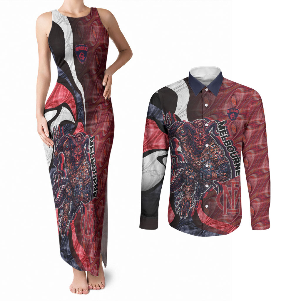 Personalised Melbourne Demons Couples Matching Tank Maxi Dress and Long Sleeve Button Shirt Trippy Psychedelic Abstract Art Mascot Football Fans