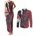 Personalised Melbourne Demons Couples Matching Tank Maxi Dress and Long Sleeve Button Shirt Trippy Psychedelic Abstract Art Mascot Football Fans