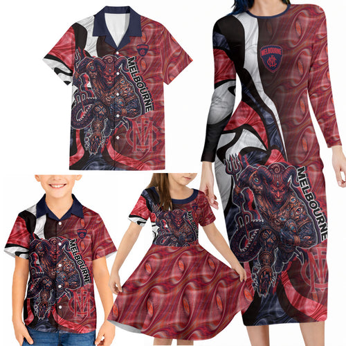 Personalised Melbourne Demons Family Matching Long Sleeve Bodycon Dress and Hawaiian Shirt Trippy Psychedelic Abstract Art Mascot Football Fans