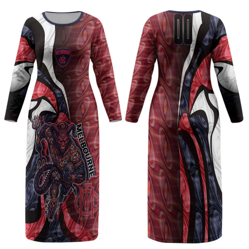 Personalised Melbourne Demons Family Matching Long Sleeve Bodycon Dress and Hawaiian Shirt Trippy Psychedelic Abstract Art Mascot Football Fans