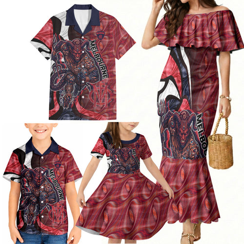 Personalised Melbourne Demons Family Matching Mermaid Dress and Hawaiian Shirt Trippy Psychedelic Abstract Art Mascot Football Fans