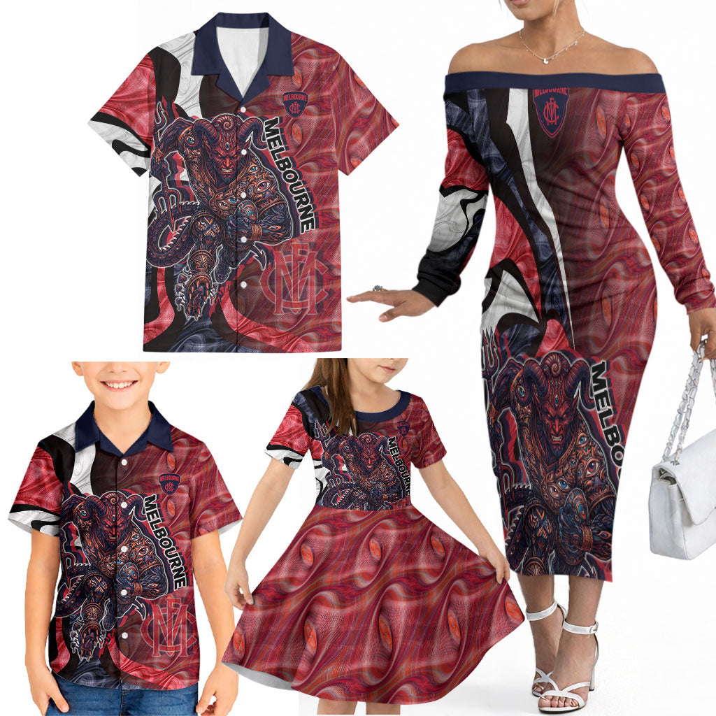 Personalised Melbourne Demons Family Matching Off The Shoulder Long Sleeve Dress and Hawaiian Shirt Trippy Psychedelic Abstract Art Mascot Football Fans