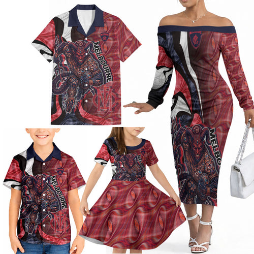 Personalised Melbourne Demons Family Matching Off The Shoulder Long Sleeve Dress and Hawaiian Shirt Trippy Psychedelic Abstract Art Mascot Football Fans