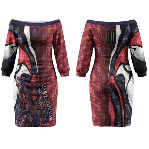 Personalised Melbourne Demons Family Matching Off The Shoulder Long Sleeve Dress and Hawaiian Shirt Trippy Psychedelic Abstract Art Mascot Football Fans
