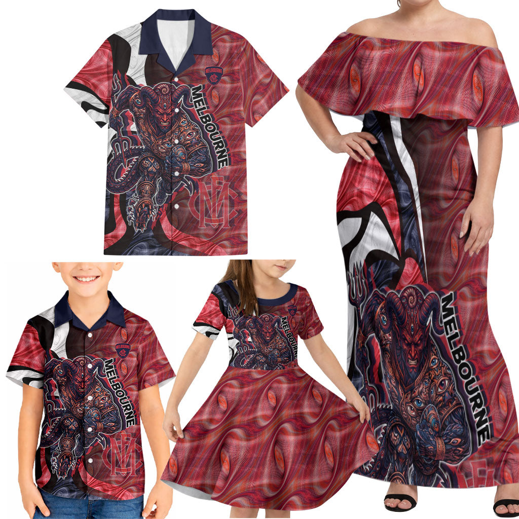 Personalised Melbourne Demons Family Matching Off Shoulder Maxi Dress and Hawaiian Shirt Trippy Psychedelic Abstract Art Mascot Football Fans