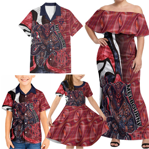 Personalised Melbourne Demons Family Matching Off Shoulder Maxi Dress and Hawaiian Shirt Trippy Psychedelic Abstract Art Mascot Football Fans