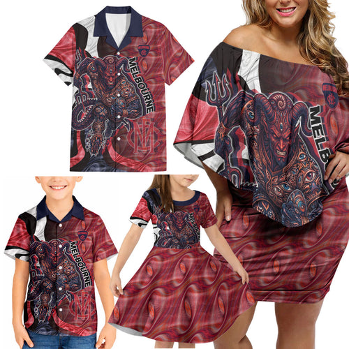 Personalised Melbourne Demons Family Matching Off Shoulder Short Dress and Hawaiian Shirt Trippy Psychedelic Abstract Art Mascot Football Fans