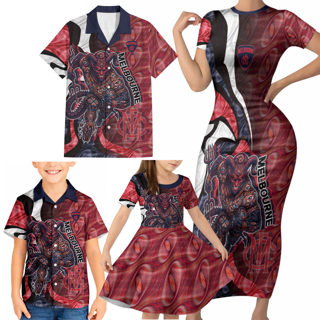 Personalised Melbourne Demons Family Matching Short Sleeve Bodycon Dress and Hawaiian Shirt Trippy Psychedelic Abstract Art Mascot Football Fans