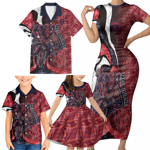 Personalised Melbourne Demons Family Matching Short Sleeve Bodycon Dress and Hawaiian Shirt Trippy Psychedelic Abstract Art Mascot Football Fans
