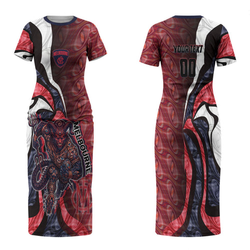 Personalised Melbourne Demons Family Matching Short Sleeve Bodycon Dress and Hawaiian Shirt Trippy Psychedelic Abstract Art Mascot Football Fans