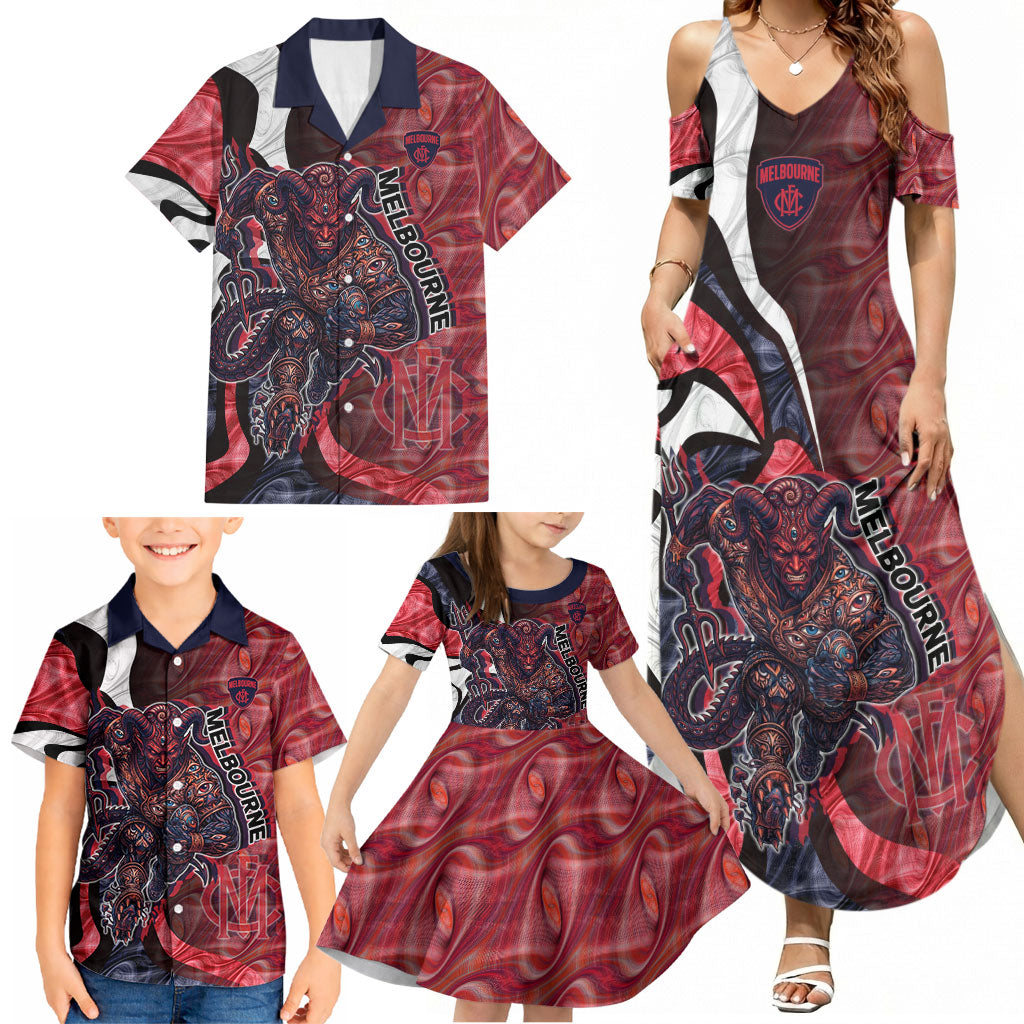 Personalised Melbourne Demons Family Matching Summer Maxi Dress and Hawaiian Shirt Trippy Psychedelic Abstract Art Mascot Football Fans