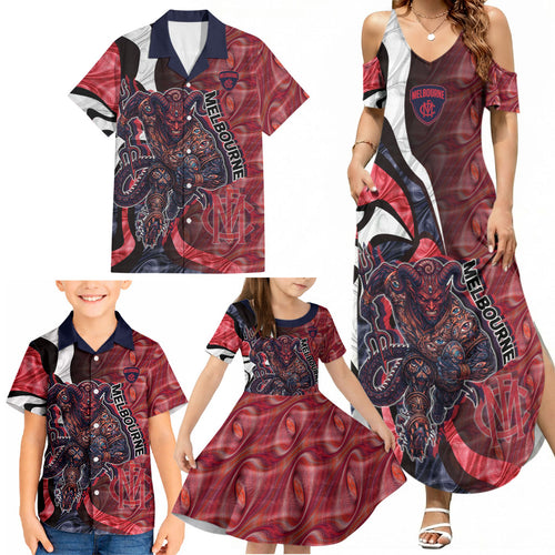 Personalised Melbourne Demons Family Matching Summer Maxi Dress and Hawaiian Shirt Trippy Psychedelic Abstract Art Mascot Football Fans