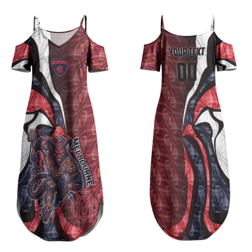 Personalised Melbourne Demons Family Matching Summer Maxi Dress and Hawaiian Shirt Trippy Psychedelic Abstract Art Mascot Football Fans