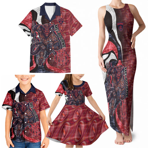 Personalised Melbourne Demons Family Matching Tank Maxi Dress and Hawaiian Shirt Trippy Psychedelic Abstract Art Mascot Football Fans