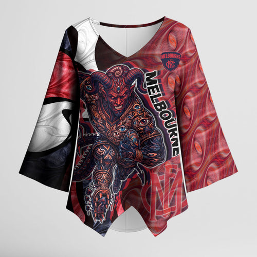 Personalised Melbourne Demons Kimono Sleeve Blouse Trippy Psychedelic Abstract Art Mascot Football Fans