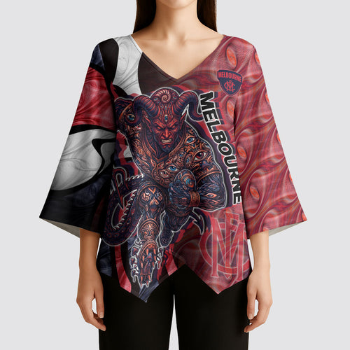 Personalised Melbourne Demons Kimono Sleeve Blouse Trippy Psychedelic Abstract Art Mascot Football Fans
