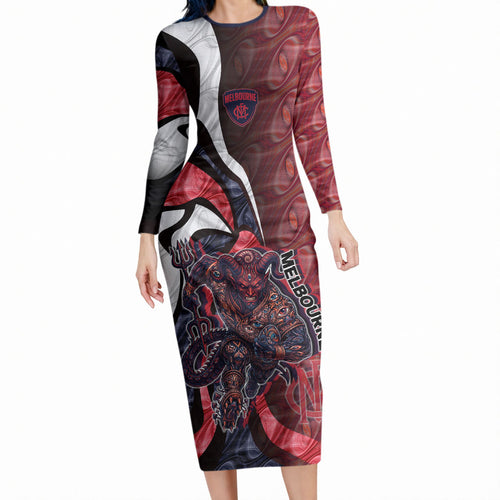 Personalised Melbourne Demons Long Sleeve Bodycon Dress Trippy Psychedelic Abstract Art Mascot Football Fans