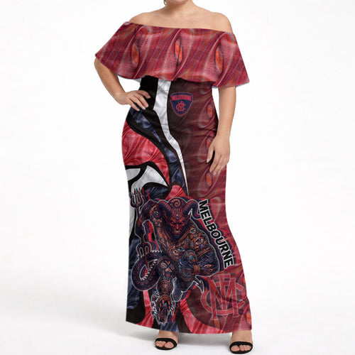 Personalised Melbourne Demons Off Shoulder Maxi Dress Trippy Psychedelic Abstract Art Mascot Football Fans