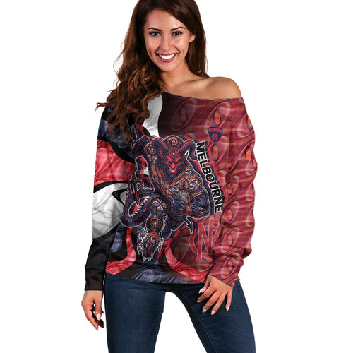 Personalised Melbourne Demons Off Shoulder Sweater Trippy Psychedelic Abstract Art Mascot Football Fans