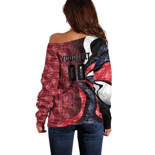 Personalised Melbourne Demons Off Shoulder Sweater Trippy Psychedelic Abstract Art Mascot Football Fans