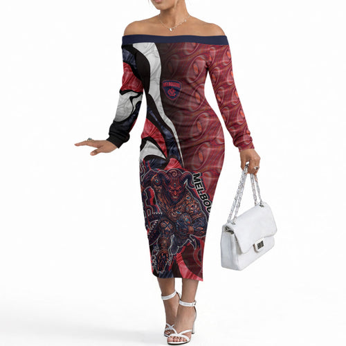 Personalised Melbourne Demons Off The Shoulder Long Sleeve Dress Trippy Psychedelic Abstract Art Mascot Football Fans