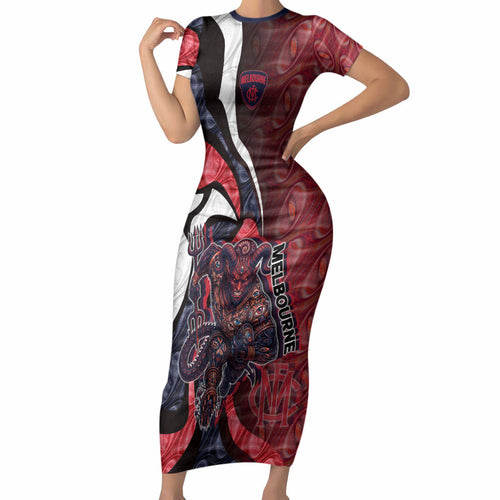 Personalised Melbourne Demons Short Sleeve Bodycon Dress Trippy Psychedelic Abstract Art Mascot Football Fans