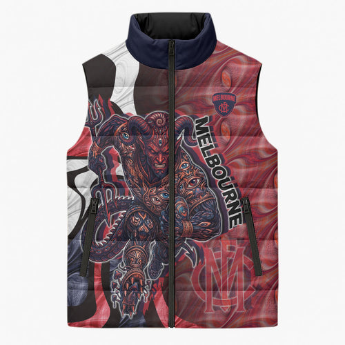 Personalised Melbourne Demons Sleeveless Puffer Jacket Trippy Psychedelic Abstract Art Mascot Football Fans