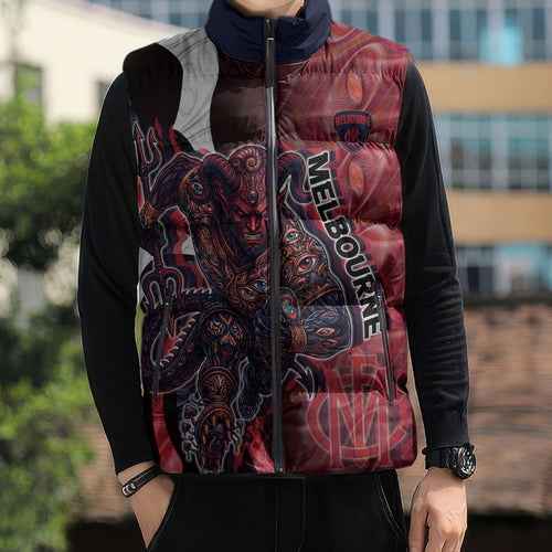 Personalised Melbourne Demons Sleeveless Puffer Jacket Trippy Psychedelic Abstract Art Mascot Football Fans