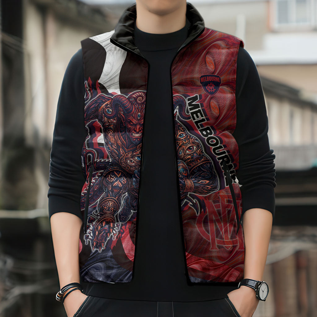 Personalised Melbourne Demons Sleeveless Puffer Jacket Trippy Psychedelic Abstract Art Mascot Football Fans