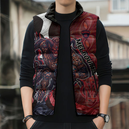 Personalised Melbourne Demons Sleeveless Puffer Jacket Trippy Psychedelic Abstract Art Mascot Football Fans