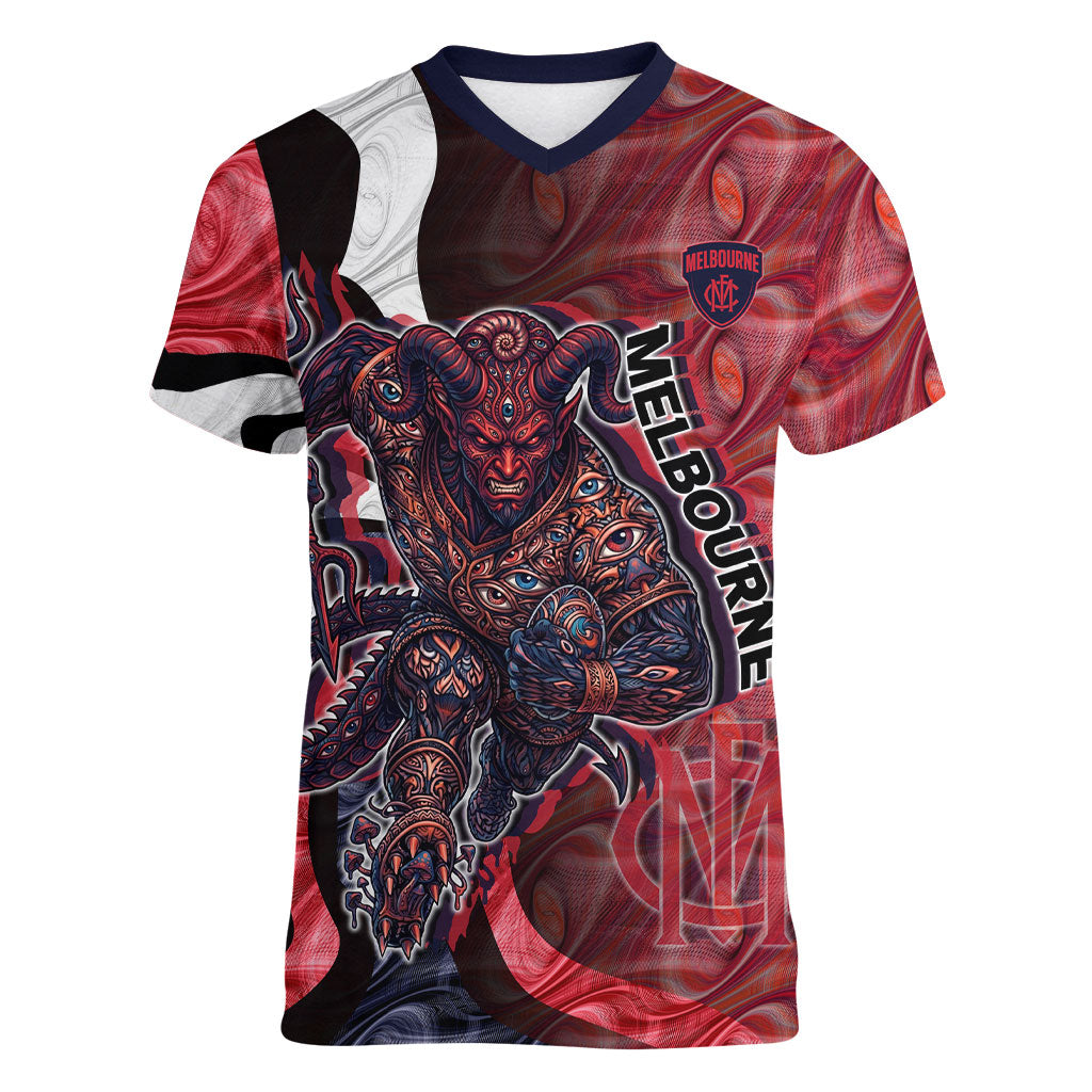 Personalised Melbourne Demons Women V-Neck T-Shirt Trippy Psychedelic Abstract Art Mascot Football Fans