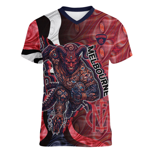 Personalised Melbourne Demons Women V-Neck T-Shirt Trippy Psychedelic Abstract Art Mascot Football Fans