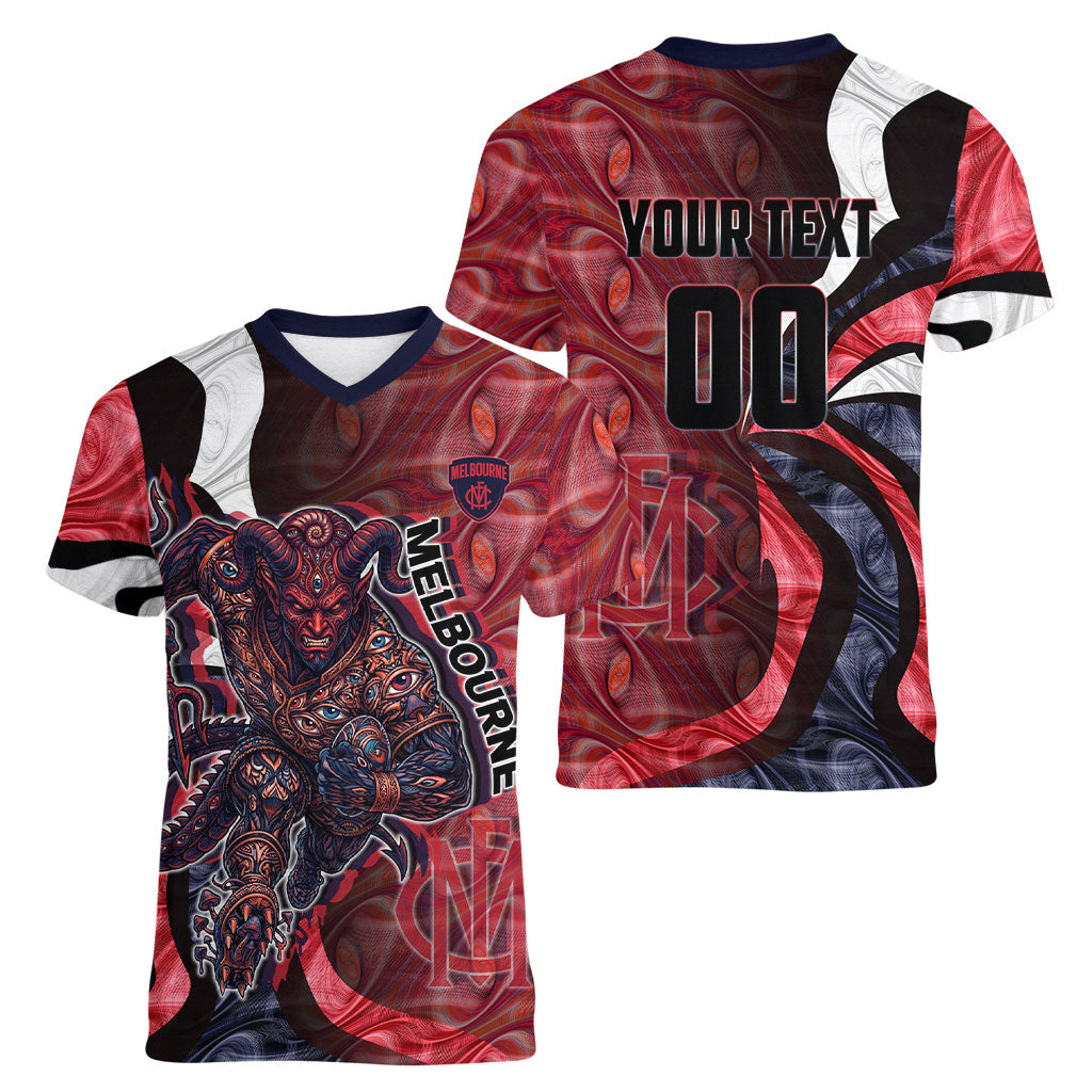 Personalised Melbourne Demons Women V-Neck T-Shirt Trippy Psychedelic Abstract Art Mascot Football Fans