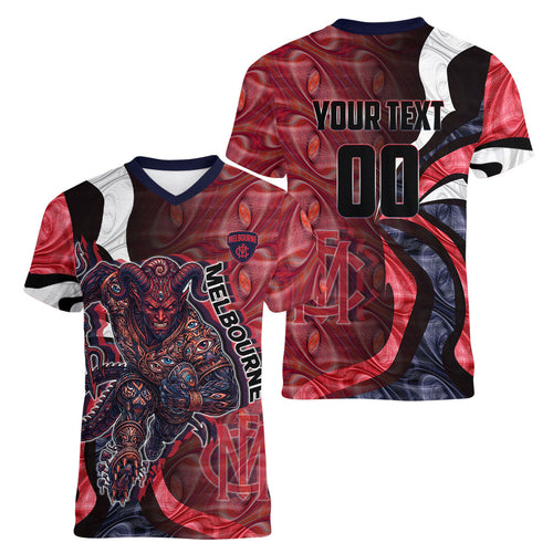 Personalised Melbourne Demons Women V-Neck T-Shirt Trippy Psychedelic Abstract Art Mascot Football Fans